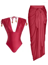 Deep V Solid Colour Women's Bikini Fashion Trend Pleated Straps One-Piece Designer Beach Resort Swimsuit And Cover-Up