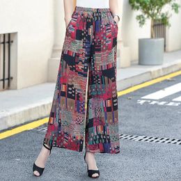 Women's Pants Summer Wide Leg Women Casual Elastic Waist Trousers With Print Ankle-Lengtht High Bottoms A83