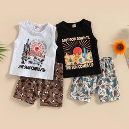 Clothing Sets Infant Boys Summer Clothes Outfits Letter Print Crew Neck Sleeveless Tank Tops And Cactus/Cow Head Shorts 2Pcs Suit