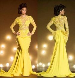 Fashion Lace Formal Evening Dresses With Long Sleeves Mermaid Appliqued Sheer Jewel Neck Peplum Prom Dress Yellow Transparent Even5246855