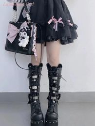 Boots Black And White Color Matching Lolita Sweet Tie Punk Goth Style Round Toe Silver Buckle Decorated Women's