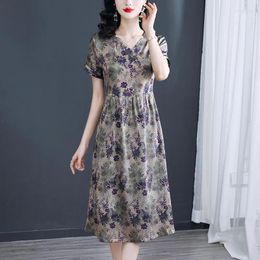 Party Dresses Coigarsam Women's Summer Dress 2024 Fashion Silk Short Sleeve Print High Waist V-Neck Purple