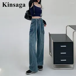 Women's Jeans Hip Hop Oversized Cargo Demin Pants Women High Waist Drawstring Boyfriend Striped Straight Loose Wide Leg Mopping Trousers