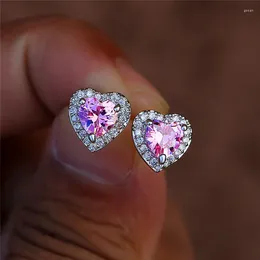 Stud Earrings Pink Crystal CZ Heart For Women Romantic Ear Accessories Love Birthday Gift Fashion Peach Jewellery