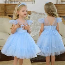 Girl's Dresses 4-10T Girl Princess Dress Kids Short Sleeve Dot Birthday Tulle Tutu Gown Evening Party Costume Toddler Baby Blue Casual Clothes T240415