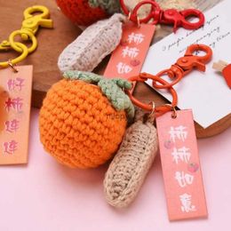 Keychains Lanyards New Knitted Fruit Keychain Simulation Strawberry Cherry Pear Persimmon Peach Key Ring Women Girl Car Bag Key Pendant Jewelry