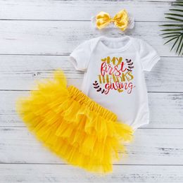 Ringraziamento 2024 New Children's Wear Girl Lettera Cartoon Sweetheart Yellow Six Skirt Set