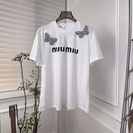 Designer MM Home 24Ss New Heavy Industry Water Diamond Butterfly Decorative T-Shirt+Straight Leg Jeans Fashion Versatile