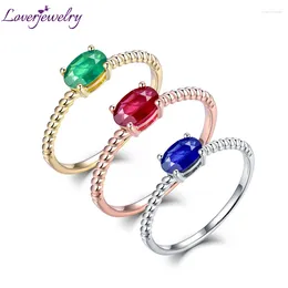 Cluster Rings LOVERJEWELRY For Women Real 14K Gold Oval 4x6mm Emerald Ruby Sapphire Tanzanite Gemstone Girl Classic Ring Jewellery