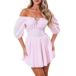 Casual Dresses 2024 Women Sweet Mini Dress Short Sleeve Off-shoulder Tie-up Solid Summer A-line