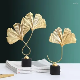 Decorative Flowers Gold Ginkgo Leaf Sculpture Metal With Wooden Base Modern Statues Crafts Ornaments Figurines Home Decor