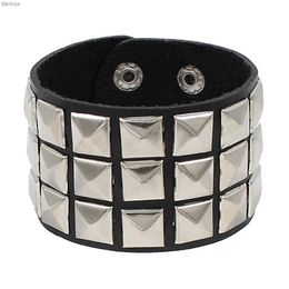 Other Bracelets Punk Three Row Square Spikes Rivet Stud Wide Pu Leather Bracelet Gothic Rock Cuff Bracelet Bangle Men JewelryL240415