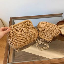 Drawstring Trendy Design Straw Clip Clutches Handbag And Purses Totes Shoulder Crossbody Bag For Women 2024 Summer Beach Messenger Bags