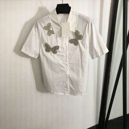 Womens Hot Diamond 3d Butterfly Decorative Short Sleeved Shirt