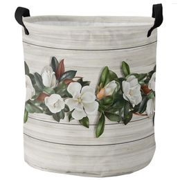 Laundry Bags Wood Grain Magnolia Plant Flowers Foldable Basket Toy Storage Waterproof Room Dirty Clothing Organizer