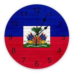 Wall Clocks Haiti Flag Wood Grain Blue Red Kitchen Round Desktop Digital Clock Non-ticking Creative Childrens Room Watch