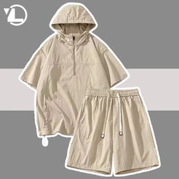 Summer Ice Silk Sets Men Korean Style Hooded SweatshirtsSports Shorts 2 Pcs Set Japanese Harajuku Short Sleeve Suits Unisex y240412