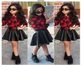 Fashion Girls Kids Princess Plaid Tops Shirt Leather Skirt Summer Outfits Clothes fashion style selling Top suits B2479227433