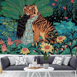 Tapestries Mysterious Forest Big Tapestry Girl Tiger Moon Style Home Wall Bedroom Decoration Print Hanging