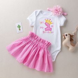 Vestido de verão Girls 'Baby de um ano de manga curta sweetheart desenho animado bordado letra embrulhada peido casaco xadrez