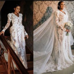 Gorgeous Lace Mermaid Wedding Dresses Bridal Gown Applique Scalloped V Neck Long Sleeves Ruffles Custom Made Sweep Train Plus Size