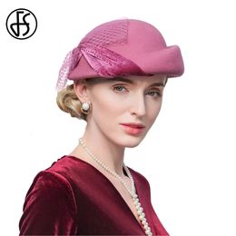FS Ladies Vintage Pink Wool Fedoras Woman Hat With Veil Wedding Black Elegant Church Tea Party Grey Berets Spring 240412