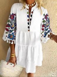 Casual Dresses Summer Fashion Tassel Mini Dress Woman 2024 Vintage Print V Neck 3/4 Sleeve Party Women Loose Beach