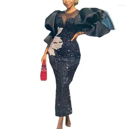 Casual Dresses Vintage Women Long Black Velvet Glitte Sparkly Embroidered Puff Sleeve Dress Elegant Slim Party Celebrity Birthday Gowns