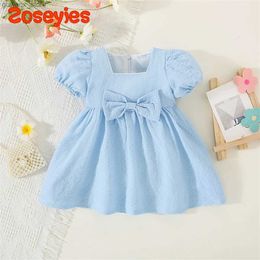 Girl's Dresses Summer Baby GirlS Dress Solid Colour Round Neck Bow For Ladies Daily Wear Knee Length Y240415Y240417E754