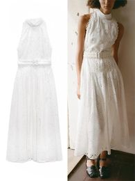 TRAFZA Womens Waisted Hollow Up Mirror Dress Embroidery Beach Style Long eHigh Neck Street Rustic Sweet White Dresses 240415