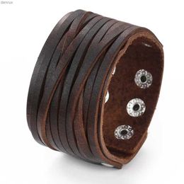 Other Bracelets 2024 Fashion Jewelry Vintage Handmade Weave Genuine Leather Bracelet Men Charm Cuff Wide Leather Bracelet Pulsera HombreL240416