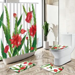 Shower Curtains Tropical Cactus Curtain Green Plants Flowers White Background European Style Non-Slip Carpet Toilet Cover Floor Mat Set