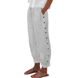 Women's Pants Women Casual Stripe Print Side Button Trendy Baggy Elastic Waist Straight Leg Comfort Trousers With Pocket Ropa De Mujer