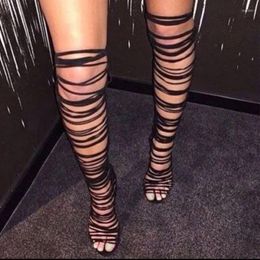 Boots Wholesale Black Suede Strappy Sandals Open Toe Lace-up Stiletto Heel Gladiator Hollow Thin Heels Club Dress Shoes