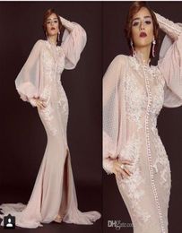 Mermaid Prom Dresses Arabic Evening Gowns 2019 Saudi Arabia Long Sleeves Sheer High Neck Appliques Front Slit Peach Blush Formal D3550479