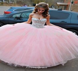Pink Long Quinceanera Dress Cheap Ball Gown Beaded Crystal Tulle Sweet 16 Special Occasion Dress Party Gown Custom Made Plus Size6139853