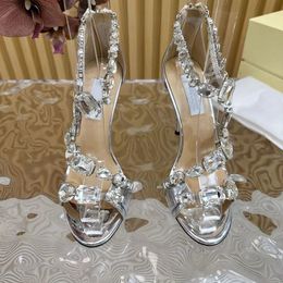 Summer Genuine Leather Sole Women's Sandals Fashion Pointed Shoulder Strap Crystal Diamond Buckle High Heels 10.5cm Show Party Wedding Shoes 35-41