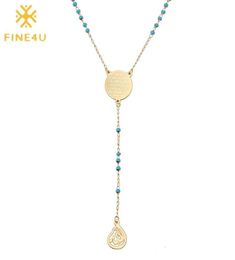 FINE4U N314 Stainless Steel Muslim Arabic Printed Pendant Necklace Blue Colour Beads Rosary Necklace Long Chain Jewelry5735050