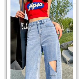 Women's Jeans Blue Spring And Summer Commuting Pants Perforated Thin High Waisted Straight Loose Fitting Versatile F