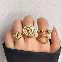 Korean Jewelry World Geometric Metal Relief Set of 5 Pieces, Trendy Ring, Female Index Finger Ring