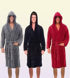 Mens Robes Men Casual Bathrobe Autumn Winter Solid Hooded Towel Soft Gown Midi Robe Nightgown Male Loose Home Wear 2208264976630