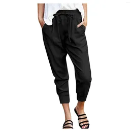 Women's Pants Summer Casual Leggings Elastic Lace-Up Front Pockets Solid Colour Nine-Quarter Elegant Woman 2024