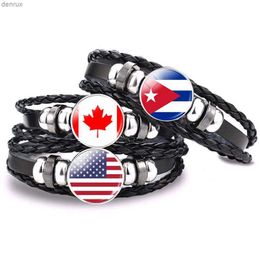 Other Bracelets North America Flag Bangle Canada America Mexico Jamaica Bahamas Cuba Barbados Flag Glass Cabochon Button Black Leather BraceletL240415