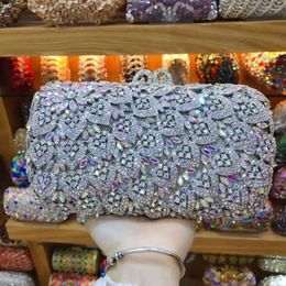 Evening Bags Women Silver Flower Clutch Crystal Party Hollow Hard Case Wedding Clutches Purses Bridal Rhinestones Handbags Gift