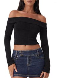 Women's T Shirts Women S Solid Color Off Shoulder Long Sleeve Crop Top Casual Fall Short Shirt For Y2K Streetwear