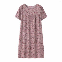 Women's Sleepwear Summer Cotton Silk Short Sleeved Sleep Dress For Middle Elderly Women Flower Print Loose Home Wear Plus Size Nightgown