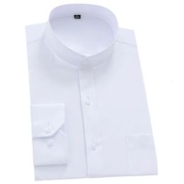 Mandarin Bussiness Formal Shirts for Men Chinease Stand Collar Solid Plain White Dress Shirt Regular Fit Long Sleeve Male Tops 240407