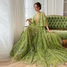 Party Dresses Sevintage Green 3D Flowers Embroidery Lace Beadings Crystal Prom V-Neck A-Line Long Wedding Gowns Evening Dress