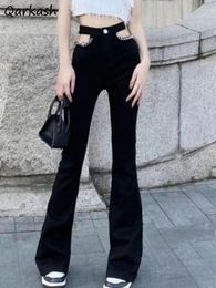 Women's Jeans Flare Women Aesthetic Hollow Out Streetwear Sexy Chain Vintage High Waist Trousers Temper Lady All-match Daily Ulzzang