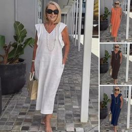 Casual Dresses Summer Women Dress V Neck Loose Solid Colour Flying Sleeves Bohemian Side Pockets Mid-calf Length Beach Vacation Midi